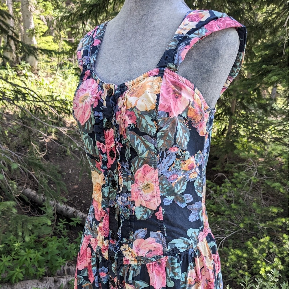 Vintage 90s Starina Floral Garden Dress M Cottagecore Button Front Corset Ruffle - Picture 9 of 15
